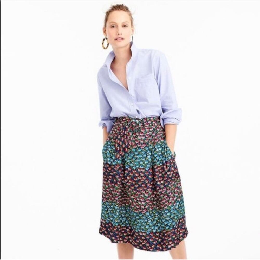J. Crew Collection 100% Silk Floral Midi Skirt Paper Bag Waist Belted L